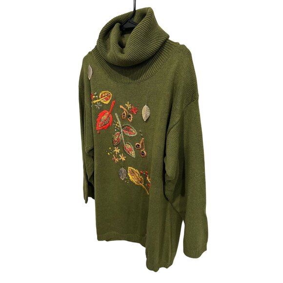 Vtg Olive Green Cowl Neck Sweater Embroidered Autumn Leaves PA International - Picture 3 of 9